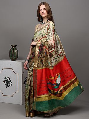 Golden-Olive Saree with Digital-Printed Sparrow on Anchal and Zari Border