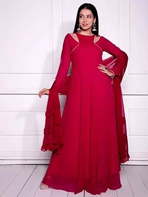 Rose-Red Georgette Solid Full Sleeve Party Wear Gown With Designer Dupatta