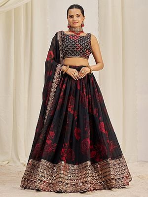 Burnt-Umber Broad Border Organza Lehenga Choli With Dupatta In Floral Print