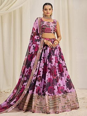 Light-Mauve Floral Motif Organza Lehenga Choli With Designer Lace And Dupatta