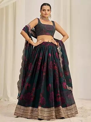 Blue-Dianne Floral Printed Organza Lehenga Choli And Dupatta With Designer Zari Sequins Lace