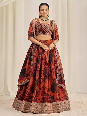 Rusty-Orange Attractive Floral Lehenga Choli And Dupatta In Organza With Designer Border And Lace