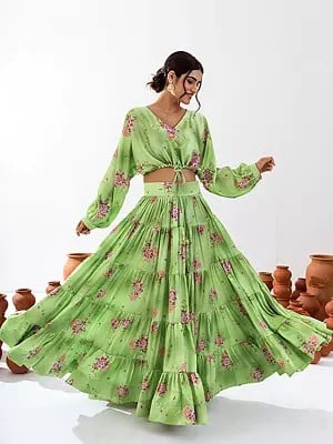 Floral Motif Printed Heavy Airtex Chinon Lehenga with Crop Top