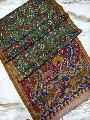 Flower And Leaf Motif Hand Painted Pen Kalamkari Tussar Silk Saree