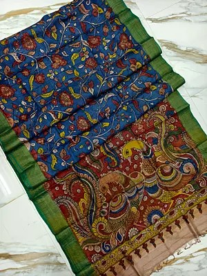 Hand Painted Pen Kalamkari Tussar Silk Saree With Peacock Motif On Pallu