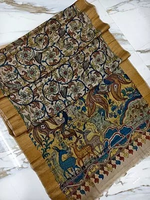 Tussar Silk Hand Painted Pen Kalamkari Festival Wear Saree