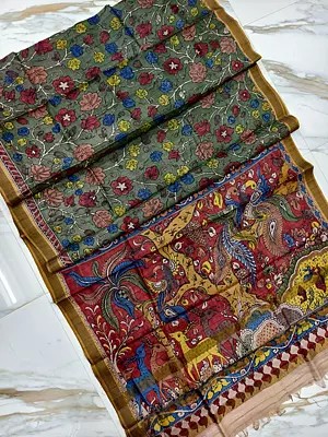 Floral Hand Painted Pen Kalamakri Tussar Silk Saree With Jungle Print On Pallu