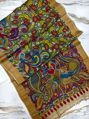 Multicolor Tussar Silk Hand Painted Pen Kalamkari Designer Saree