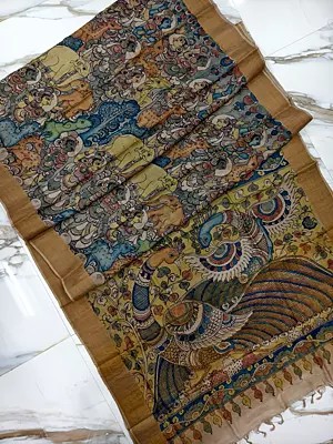 Peacock Hand Painted Pen Kalamkari Tussar Silk Saree For Festival Occasion