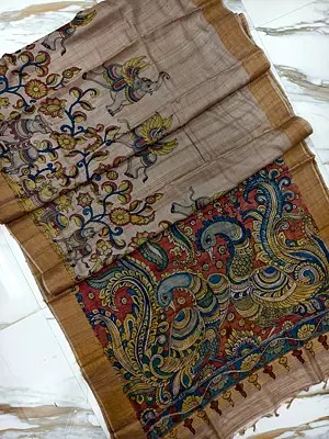 Hand Painted Pen Kalamkari Tussar Silk Traditional Saree For Festival Occasion