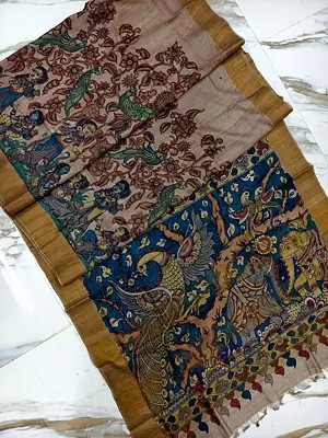 Flower And Birds Motifs Hand Painted Pen Kalamkari Festival Wear Saree