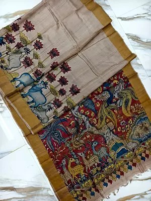 Tussar Silk Pen Kalamkari Hand Painted Saree With Jungle Print Pallu