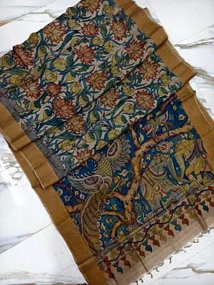 Floral Tussar Silk Hand Painted Pen Kalamkari Saree With Attractive Pallu