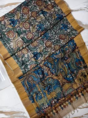 Floral Tussar Silk Pen Kalamkari Hand Painted Saree For Festival Occasion