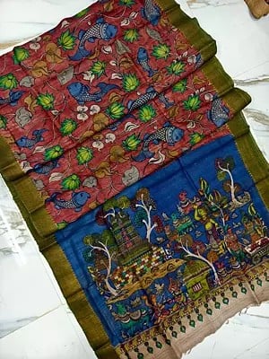 Flower And Leaf Hand Painted Pen Kalamkari Tussar Silk With Village Scene Printed Pallu