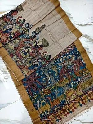 Village Scene Hand Painted Pen Kalamkari Tussar Silk Saree