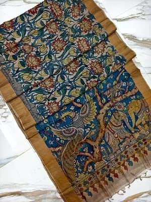 Pen Kalamkari Hand Painted Tussar Silk Saree With Peacock And Elephant Printed On Pallu