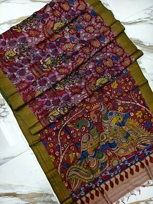 Multicolor Designer Tussar Silk Hand Painted Pen Kalamkari Saree With Attractive Pallu