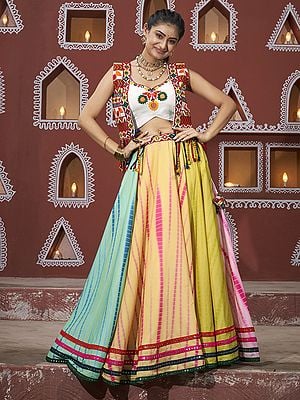 Multicolor Poly Maska Silk Traditional Lehenga Choli And Jacket With All Over Mirror, Latkan And Embroidery