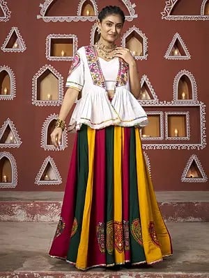 Embroidered Mirror Work White Jacket And Choli With Multicolor Viscose Rayon Lehenga