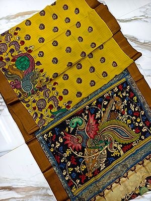 Semi Silk Multicolor Hand Painted Pen Kalamkari Saree With Peacock Print On Pallu