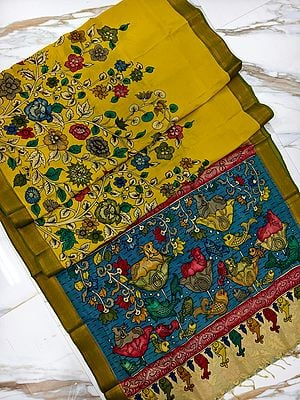 Hand Painted Pen Kalamkari Beautiful Multicolor Flower And Leaf Motif Semi Silk Saree