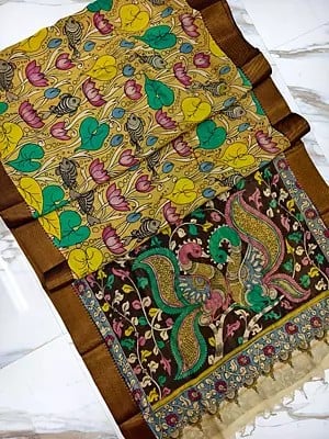 Semi Silk Hand Painted Pen Kalamkari Saree With Two Peacock On Pallu