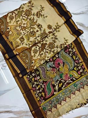 Jungle Hand Painted Pen Kalamkari Beautiful Semi Silk Saree With Peacock On Pallu