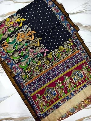 Kalamkari Pen Art Hand Painted Beautiful Semi Silk Saree With Attractive Pallu