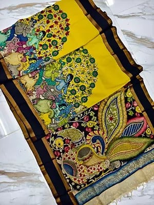 Semi Silk Villagers With Cow Hand Painted Beautiful Saree With Peacock Motif Pallu