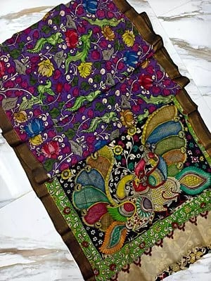 Birds With Flower Hand Painted Pen Kalamkari Traditional Semi Silk Saree