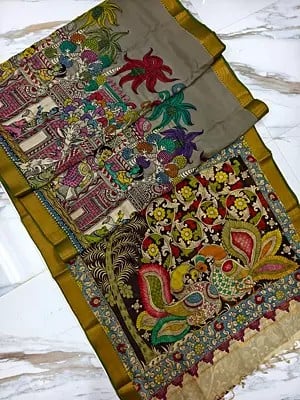 Village Scene Hand Painted Pen Kalamkari Beautiful Semi Silk Saree For Festival Occasion