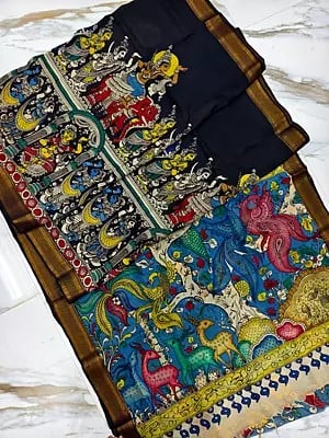 Multicolor Pen Kalamkari Hand Painted Semi Silk Saree With Jungle Print On Pallu