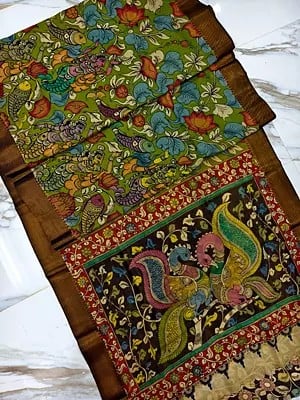 Multicolor Mermaid Hand Painted Pen Kalamkari Semi Silk Saree For Casual Occasion