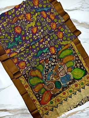 Multicolor Hand Painted Pen Kalamkari Semi Silk Traditional Saree