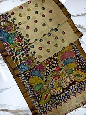 Beautiful Peacock Hand Painted Pen Kalamkari Semi Silk Saree For Festival Occasion