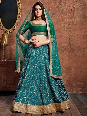 Blue-Stone Art Silk Zari Sequins And Dori Embroidery Wedding Wear Lehenga Choli With Soft Net Dupatta