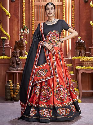 Black-Orange Traditional Gamthi Work Art Silk Lehenga Choli And Dupatta For Wedding Occasion