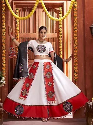 Red-White Gamthi Work Art Silk Lehenga Choli And Dupatta For Festival Occasion With Tassels