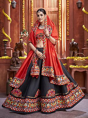 Orange-Black Beautiful Traditional Lehenga Choli And Dupatta With Attractive Border, Lace And Mirror Hand Work