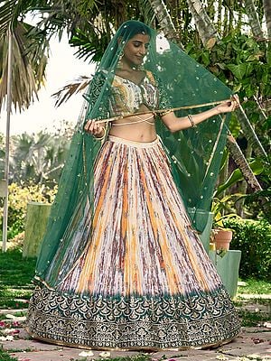 Digital Printed Chinon Lehenga Choli And Dupatta With Sequins, Zari Embroidery Border