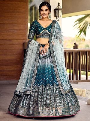 Zig-Zag Pattern Dual Shade Embroidered Chinon Lehenga Choli And Dupatta For Wedding