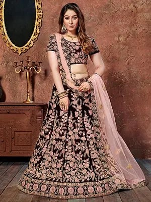 Very-Dark-Brown Velvet Thread And Sequins Floral Embroidery With Dori Work Wedding Wear Lehenga Choli With Soft Net Dupatta