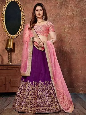 Grape-Purple Mulberry Silk Zari Sequins And Dori Embroidery Work Festival Wear Lehenga Choli With Soft Net Dupatta