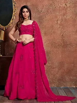 Purplish-Red Georgette Zari Sequins And Dori Work Lehenga Choli With Rose Flower Embroidered On Dupatta