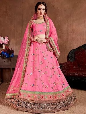 Pink-Sherbet Art Silk Zari Sequins & Thread Embroidery With Stone Work Lehenga Choli And Soft Net Dupatta