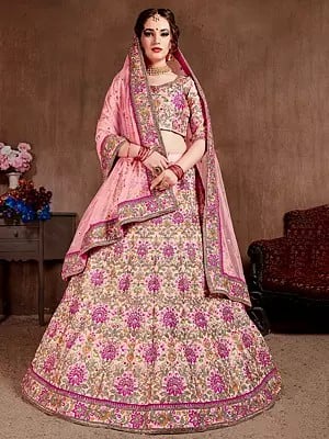 Light-Rose Taffeta Silk Thread Zari-Sequins And Embroidery With Dori Work Lehenga Choli And Soft Net Dupatta