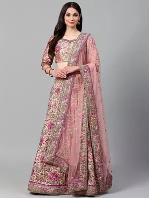 Beauty-Bush Silk Thread Floral Embroidery Work Wedding Wear Lehenga Choli And Net Dupatta