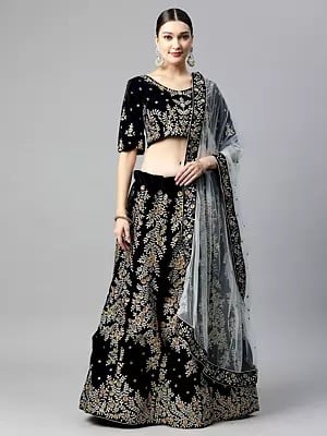 Black Velvet Zari And Flower Leaf Embroidery Work Wedding Wear Lehenga Choli And Net Dupatta