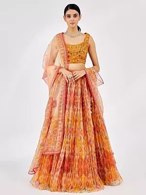 Butterscotch Organza Digital Print Wedding Wear Lehenga Choli And Tassels Dupatta